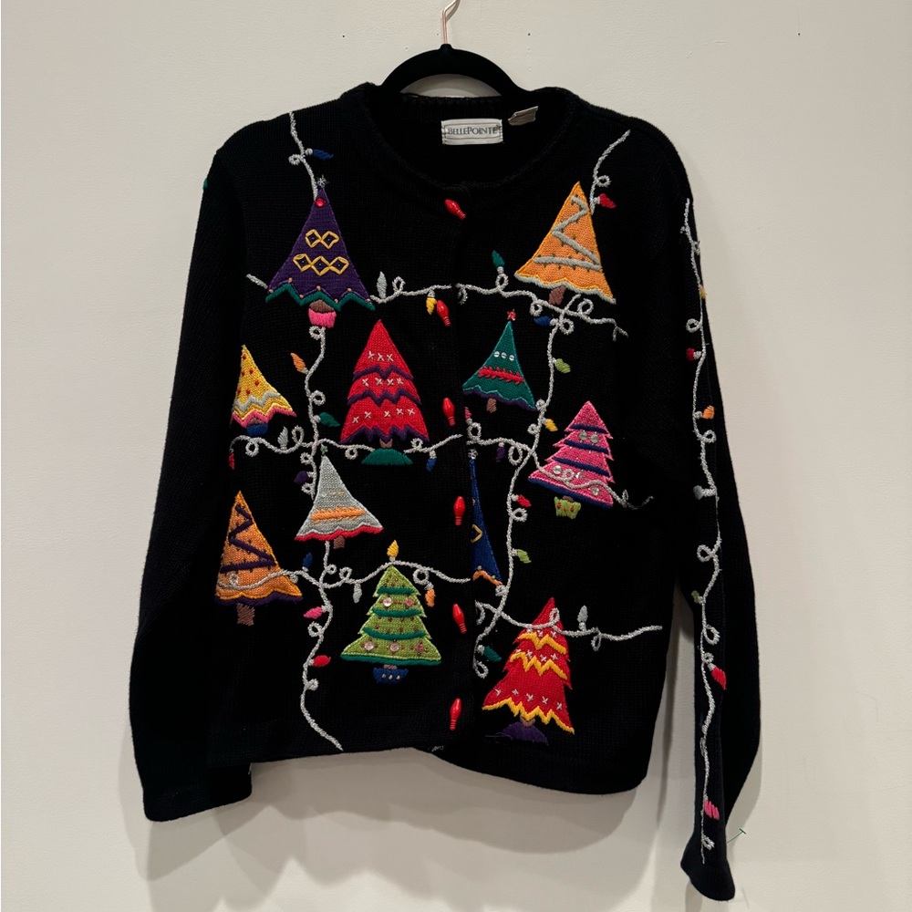 Vintage BellePointe Christmas Tree Lights Embellished Cardigan Sweater Size L